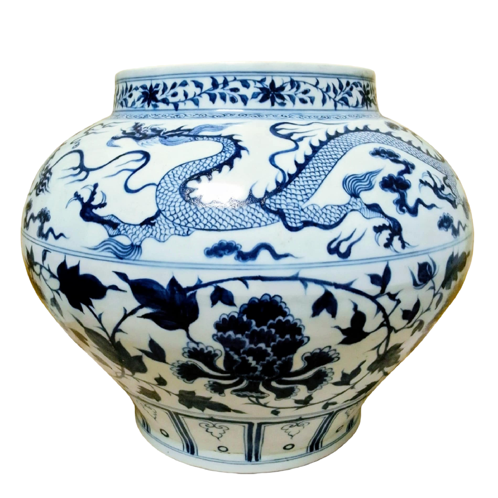 元代 青花雲龍花卉紋罐