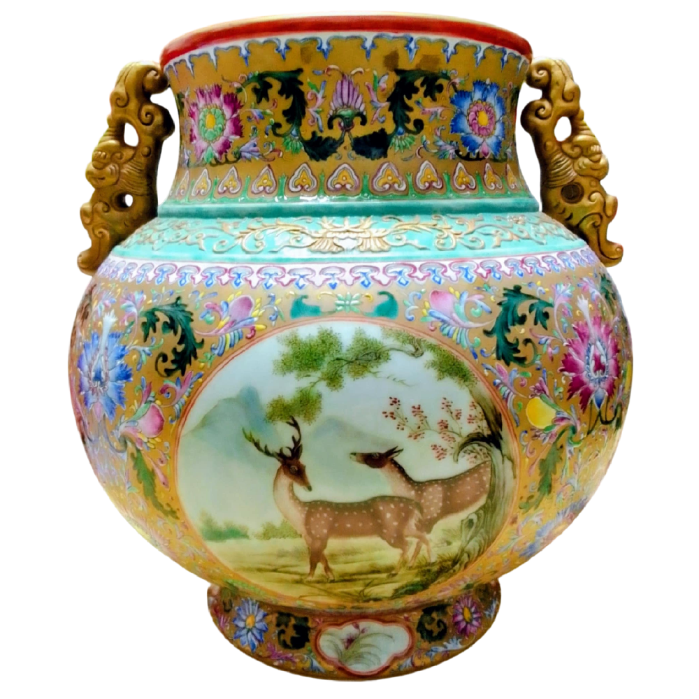 清代 金地粉彩福壽安康紋雙耳罐