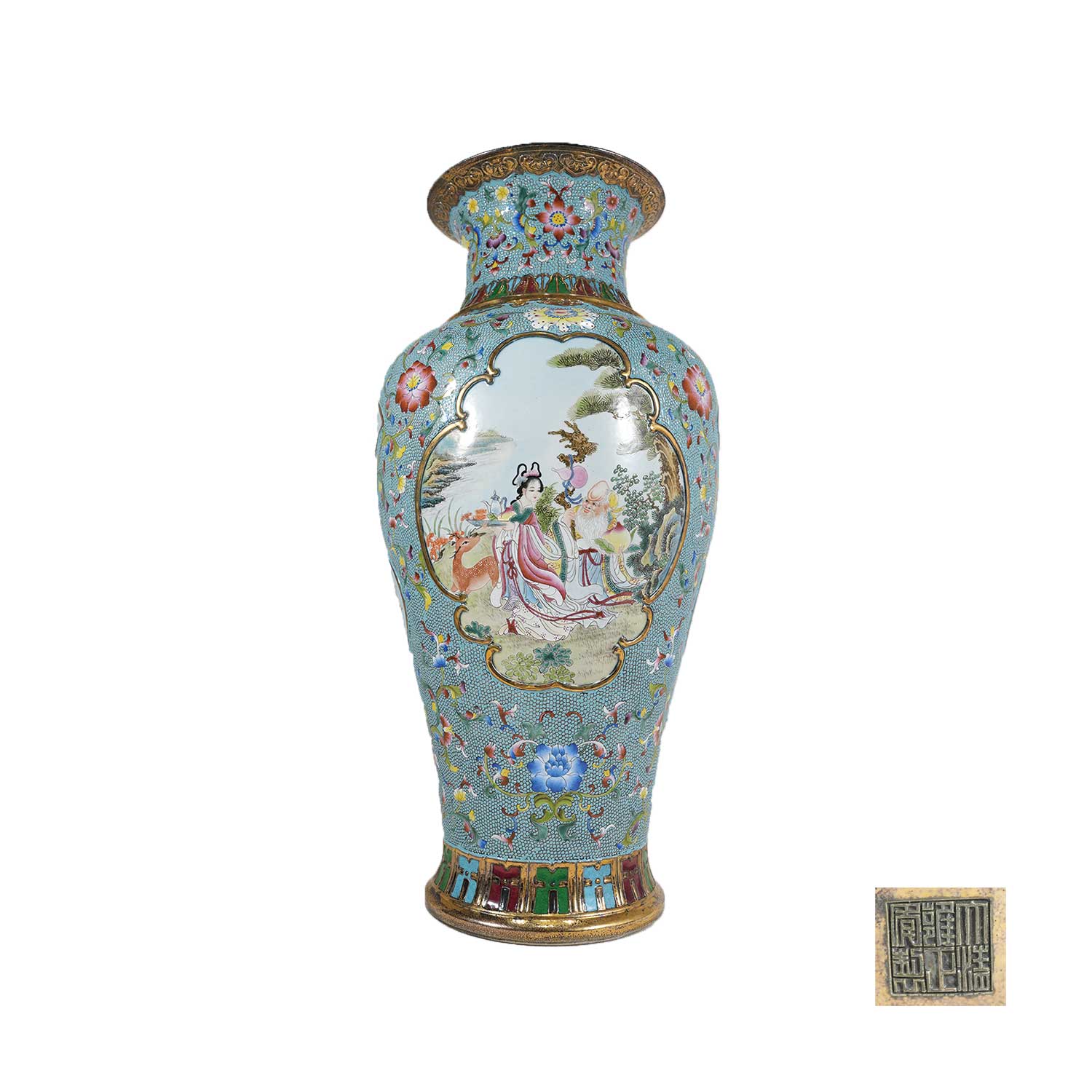 雍正綠地松石本金琺瑯開窗人物故事瓶